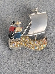 Vintage Dutch Couple Clog Boat Brooch Enamel Aurora Borealis Crystals 1950s... - Picture 1 of 4
