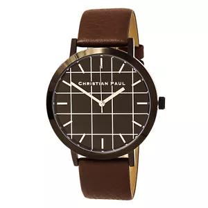 Christian Paul GR-02 Mens Grid Black Dial Brown Leather Band Watch - Picture 1 of 4