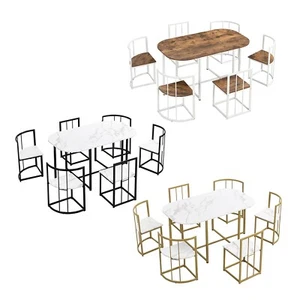 7-Piece Compact Dining Table Set with Faux Marble Kitchen Table & 6 Side Chairs - Picture 1 of 35