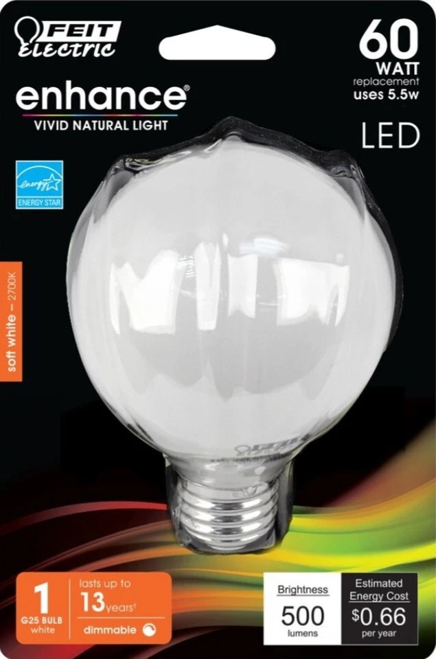 25 Feit Electric Dimmable LED G25, 60W 2700k Replacement Light Bulb - Image 1 of 1