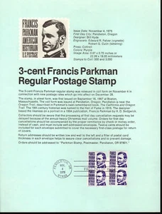 FDC # 1297 3 cent Francis Parkman Coil   USPS Souvenir Page Stamp 1975 - Picture 1 of 1