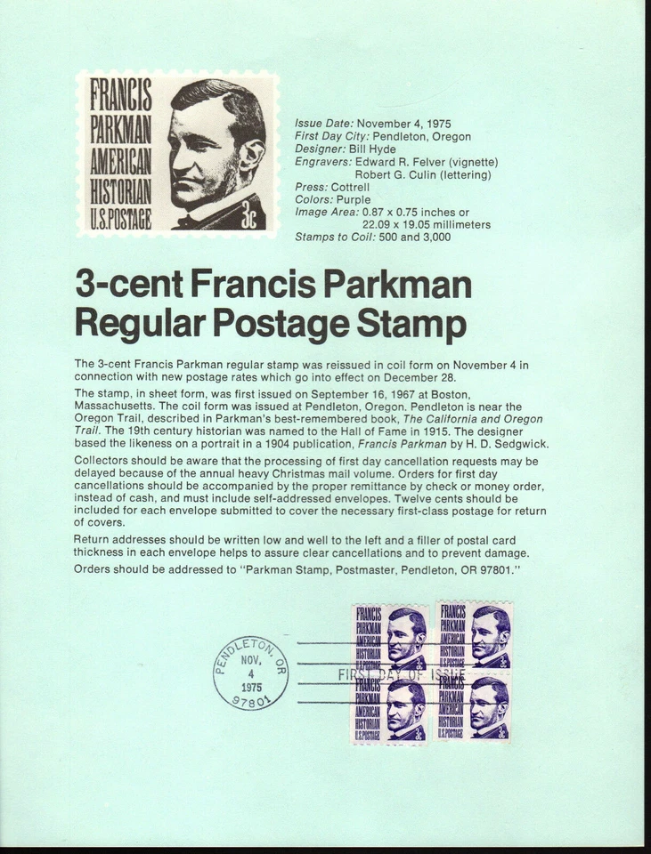 FDC # 1297 3 cent Francis Parkman Coil   USPS Souvenir Page Stamp 1975 - Image 1 of 1