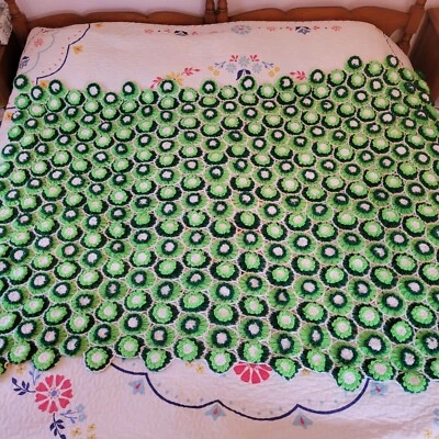 Винтажный зеленый крючком цветочный афганский винтажный покрывало покрывало одеяло 3D 88 x 67 - Изображение 1 из 4