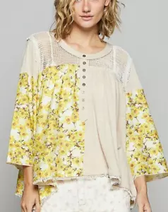 POL Blouse Almond Floral Print Washed Crochet Detail Long Sleeve Top - Picture 1 of 4