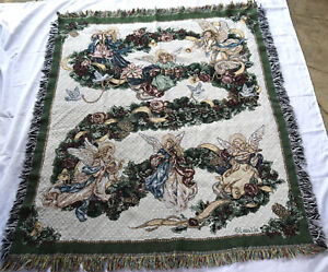 Vintage Lena Liu Angels Wreath Tapestry Blanket Throw 50" x 60"  Cotton USA