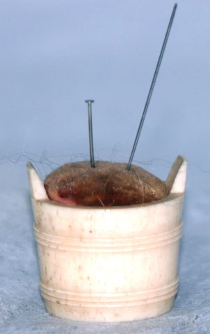 SMALL PIN CUSHION BUCKET  CARVED FROM NUT ANTIQUE c1900 Original Cover