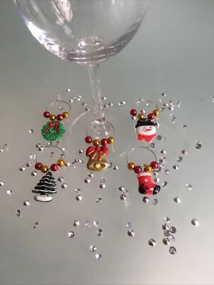 Wine Glass prosecco Charms 5 Christmas Table Decorations stocking filler snowman - Image 1 of 2