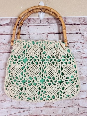 复古 Boho Macrame 风格钩针白色绿色竹柄钱包手提包 — 第 1/4 张图片