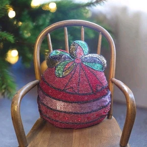 Pier 1 Imports Perlen Weihnachten Kissen Ornament mit Schleife Akzent Überwurf Vintage - Bild 1 von 7