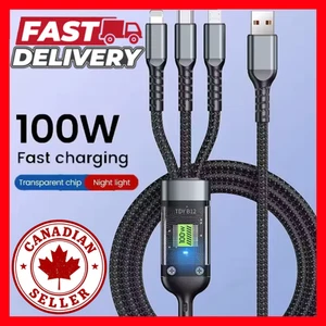 3-in-1 Transparent 100W 6A LED Fast Charging Cable Type-C, Micro USB, iPhone - Picture 1 of 6