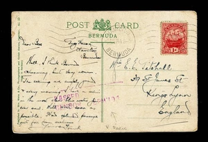 [BERMUDA] 1914 PC Early Ludington CM11a marca de censor rara - Imagen 1 de 2