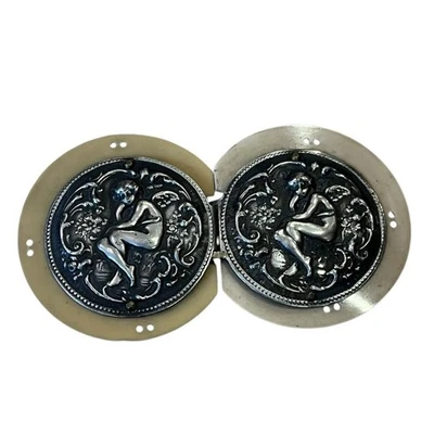 2 Part Belt Buckle Victorian Silver Colored Cherubs Brown Celluloid Art Nouveau - Image 1 of 4