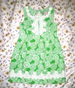 Lilly Pulitzer Lined Shift Dress Textured Floral Lace Trim Green White Size 6 - Picture 1 of 4