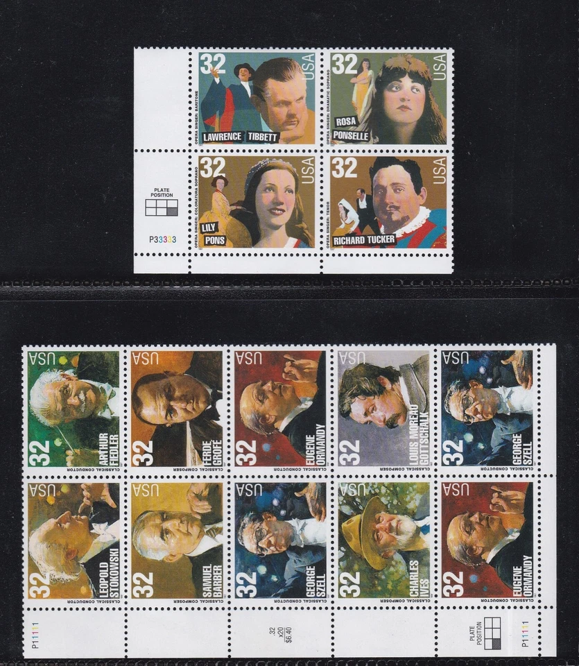 USA 1997 MNH AMERICAN MUSIC SERIES OPERA SINGERS PLATE BLOCKS OF 10 & 4 - Image 1 of 1