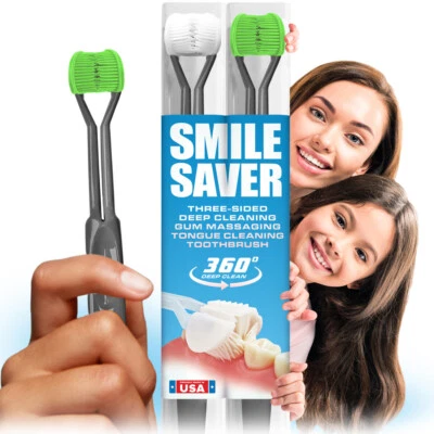 Cepillo de dientes de 3 caras SMILE SAVER 360 ~2PK 360 limpieza profunda + masaje de encías HECHO EN EE. UU. Foto 1 de 4