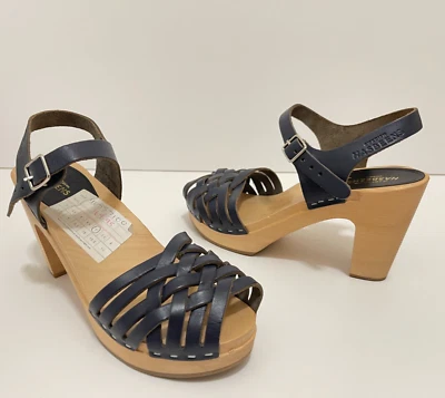 Swedish Hasbeens Wooden Heel Clogs Blue Braided Woven Leather Sandal 37 US 6.5 - Image 1 of 4