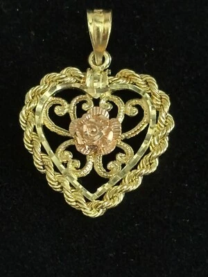 Colgante de oro amarillo de 14 quilates corazón, cuerda y oro rosa rosa en el centro, 1,5 gramos Foto 1 de 4