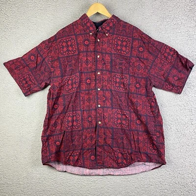 Trader Bay Mens Button XL Red Floral Tiki Hawaiian Camp Hibiscus Tribal Vintage - Image 1 of 4