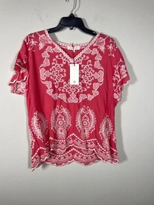 NWT! Solitaire Women's Coral Pink Embroidered Short Sleeve V Neck Blouse L Boho - Picture 1 of 7