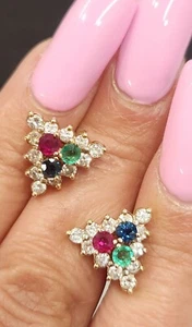Vintage 14k Rose Gold Diamond Sapphire Ruby Emerald Triangle Earrings - Picture 1 of 5