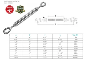 T316 Stainless Steel Drop Forged Mil-Spec EYE EYE Turnbuckle - Picture 1 of 19