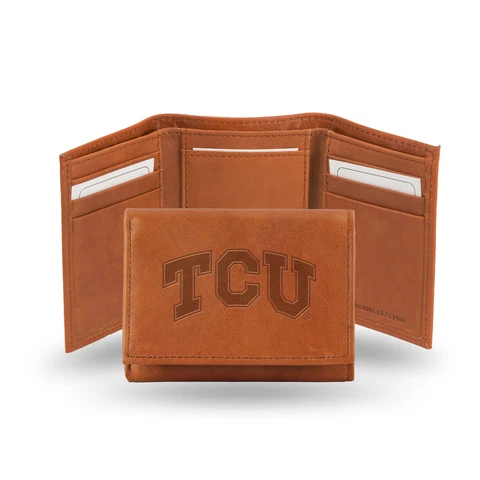 TCU Horned Frogs Team Logo Embossed Brown Leather Trifold Wallet Cover