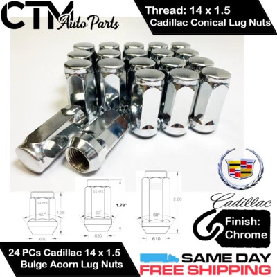 24PC CADILLAC CHROME 14X1.5 WHEEL LUG NUTS CONICAL SEAT BULGE ACORN FOR CADILLAC - Image 1 of 2