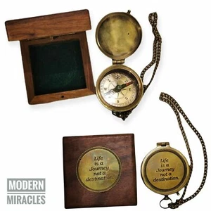 Vintage Antique Solid Brass Mini Pocket Compass With Wooden Box Gift Christmas - Bild 1 von 5