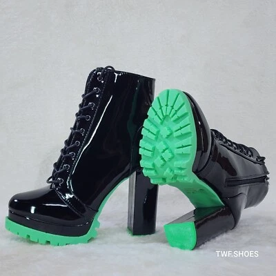 Vivian Black Patent Neon Green Lug Sole Chunky Heel Platform Ankle Boots - Image 1 of 4