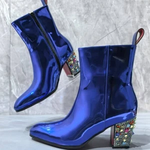 Herren Lackleder Stiefeletten Blockabsatz Strass Nieten Nachtclub Party Reißverschluss - Bild 1 von 12