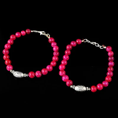 209.35 Cts Earth Mined Rich Red Ruby Round Shape Beads Hand Made Anklet Pair - Image 1 of 2