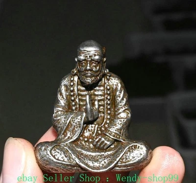 2" Old Chinese Sky Iron Sit Arhat Damo Bodhidharma Dharma Buddha Sculpture - Image 1 of 4