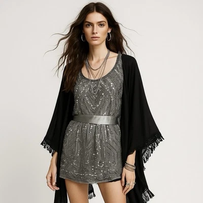 Blusa Art Deco Vintage Y2K Cuentas Lentejuelas Hadas Top L Gris Manga Gorra Juntos Foto 1 de 4