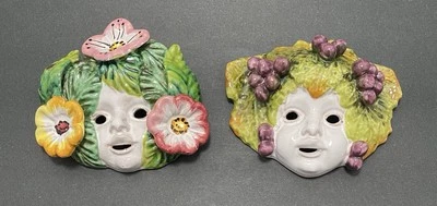 Pair Vintage Italian Pottery Majolica Glaze Bacchus Masks Wall Plaques Excellent - Image 1 of 4