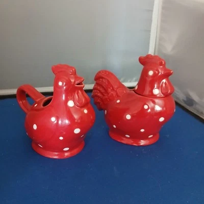 Temp-tations by Tara: Ceramic Rooster Chicken Polka Dot Creamer & Sugar Bowl Set - Image 1 of 4