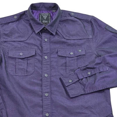 Guess Military Safari Style Long Sleeve Button Up Shirt Purple Pockets Mens M - Image 1 of 4