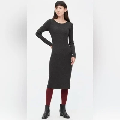 Vestido Suéter Midi Para Mujer UNIQLO Gris Oscuro 100% Lana Acanalado Manga Larga Mediano Foto 1 de 4