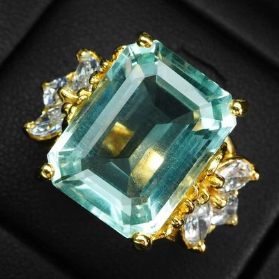 Anillos brillantes de oro de 24 quilates de plata de ley 925 de 9,70 quilates aguamarina azul cielo talla 5,25 Foto 1 de 4