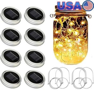 Solar Powered Mason Jar Lid Lights 20 LED Waterproof Indoor Outdoor 8 Pack New - Image 1 of 4