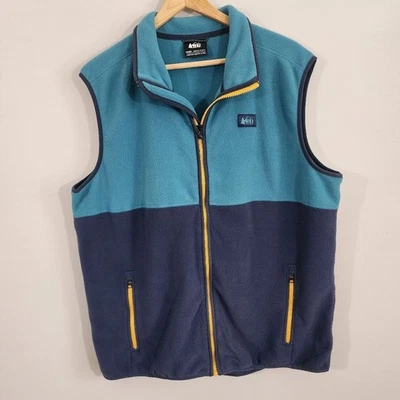 REI Co-op Fleece Vest Large Blue Teal Colorblock Full Zip Pockets Outdoor Hiking - Image 1 of 4