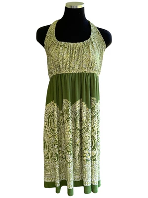 Vintage Y2K Halter Dress Size L Green Scarf Print Stretch Pleated Bust Boho - Image 1 of 4