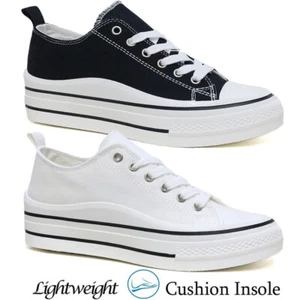 Ladies Canvas Shoes Trainers Platform Plimsolls Casual Lace Up Pumps Sneakers - Picture 1 of 19