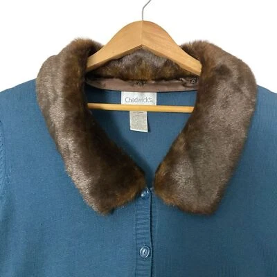 Cárdigan suéter retro CHADWICK’S talla pequeña desmontable cuello de piel sintética algodón Foto 1 de 4