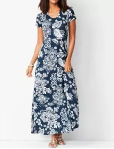 Talbots Plus Navy/White Paisley Jersey Knit Short Sleeve Maxi DRESS 2X - Picture 1 of 2