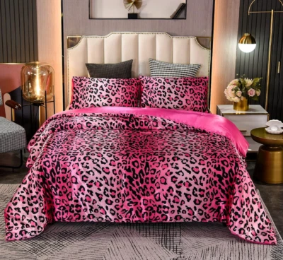 Full Queen Bed Pink Leopard Wild Animal Safari 3 Pc. Satin Silky Comforter Set - Image 1 of 4