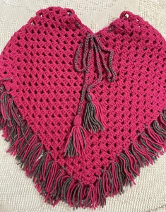 Child Girl's Crocheted Poncho Pullover Handmade Fuchsia / Gray 17" H x 25" W - Picture 1 of 8