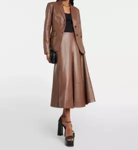 NEW ALTUZARRA Varda Lamb Leather Midi A-Line Skirt 42 10 Mustang Brown - Picture 1 of 11
