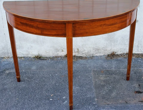 19th c English Sheraton Mahogany Demi-lune Console Hall Table Cover