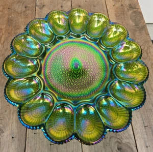 Vintage Carnival Glass Deviled Egg Plate Hobnail Iridescent Green 11" - Picture 1 of 5