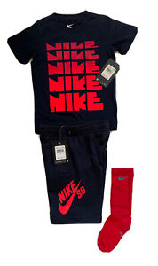 NWT Nike Boys T Shirt & Sweat Shorts Set Sz4 Navy With Red”NIKE”& Swoosh + Socks